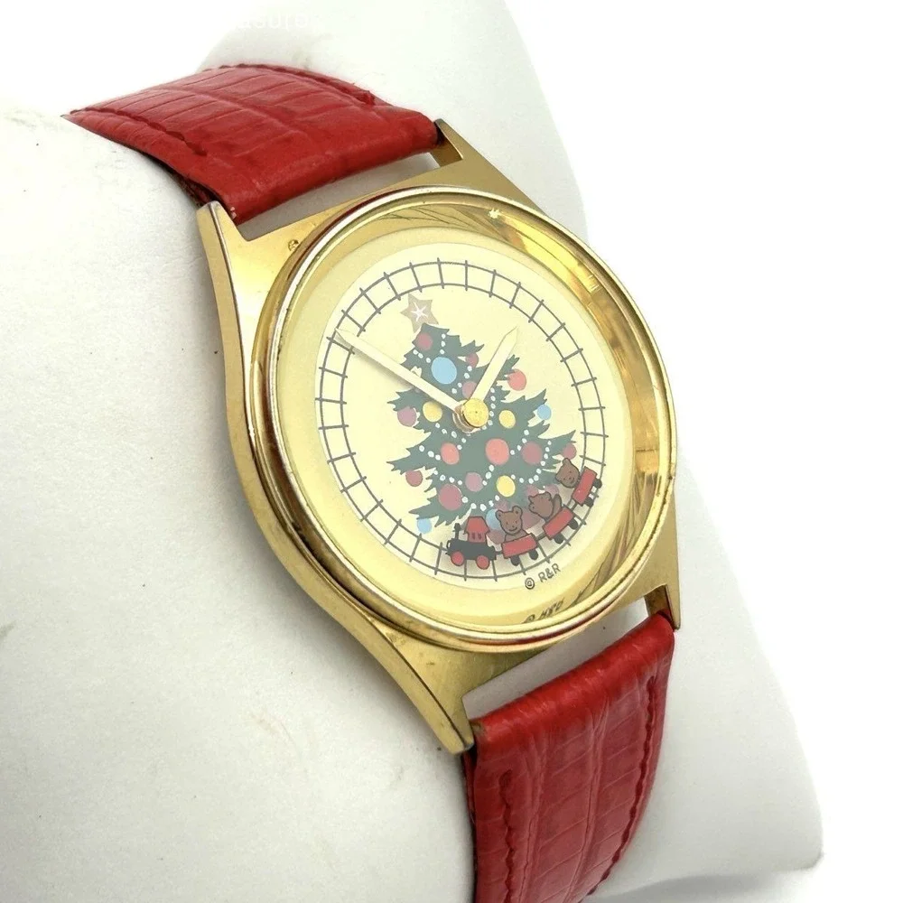 Vintage R&R Christmas Watch Moving Bear Train Gold Tone Red Leather Strap